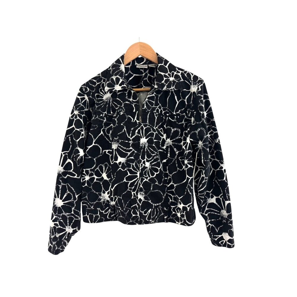 Chico's Size 1 = Medium/8 Black & White‎ Floral Print Full Zip Jacket Top Cotton